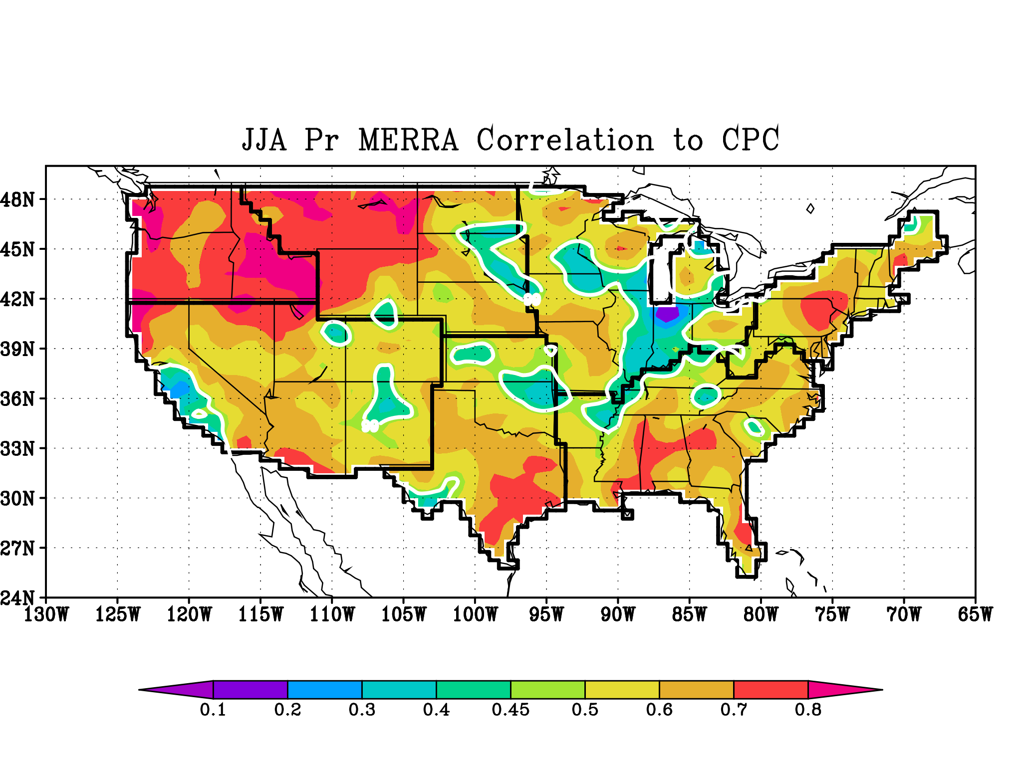 MERRA JJA Seasonal Precip correlated to CPC Gauge Observations