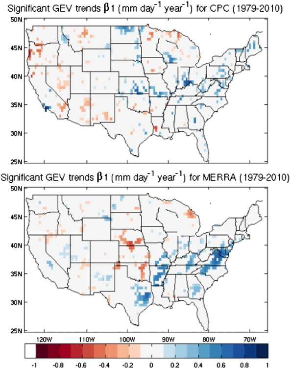 Statistically significant trend (mm day21 yr21) in the location parameter of the time-variant GEV distribution of AMDP events in (top) CPC and (bottom) MERRA at a 5% significance level.